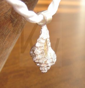 Colgante de plata artesanal con forma de caracola marina natural, con textura rugosa orgánica y apertura lateral detallada, suspendido de un cordón textil blanco trenzado.